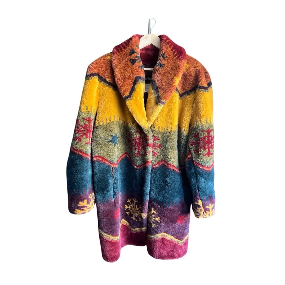 Artfur By Duffle Colorful Southwestern Style Snowflake Faux Fur Coat Small